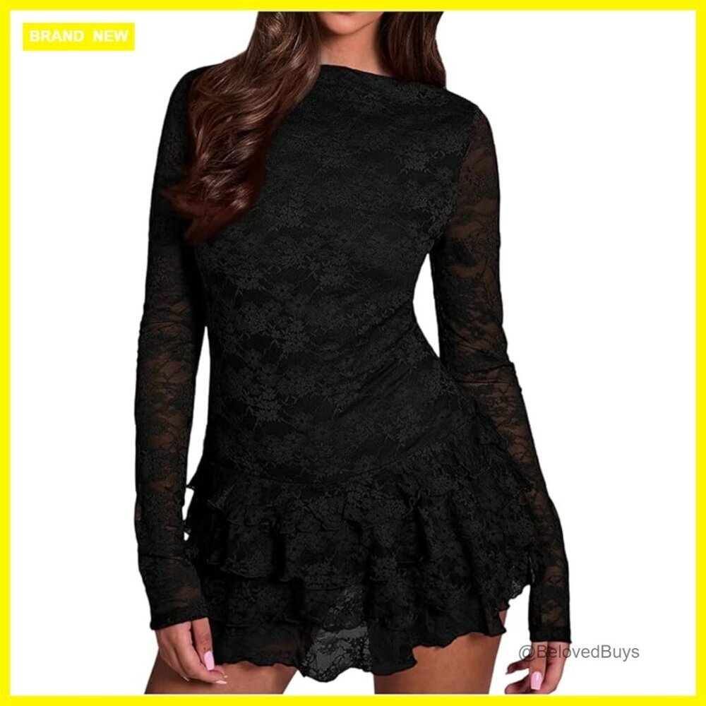 Long Sleeve Floral Lace Mini Dress Ruffle Hem Slim Fit Party Outfit